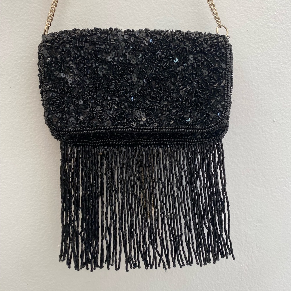 Zara Elegant Black Beaded Fringe Bag